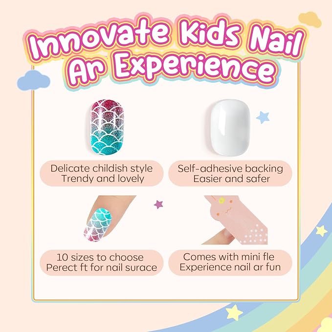 Modelones Press on Nails for Kids 144Pcs 6 Pack Children Acrylic Fake Nails Pre-glue Full Cover Glitter Color Starts Unicorn Butterfly False Nail Kits Sets Thanksgiving Christmas Gifts for Girls