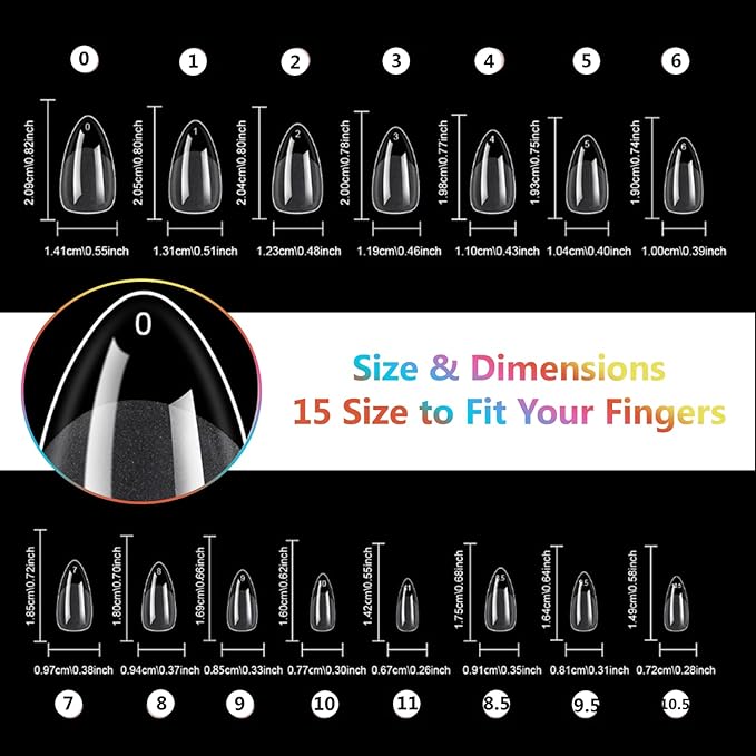 MissCheering Short Almond Nail Tips, 300pcs 15 Sizes Pre-Buffed for Flat Nail Beds, Natural Looking Fake Nails, Low Profile Press Ons for Office Work, Typing, Active Lifestyle & Travel Manicure Kit