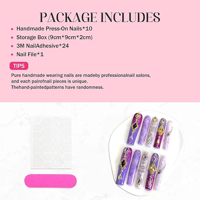 Extra Long Handmade Press On Nails Square Violet Fake Nails Glitter Full Cover False Nails with Glue Luxury Rhinestones and Charms Designs Acrylic Stick on Nail for Women Manicure 10Pcs(Size M)