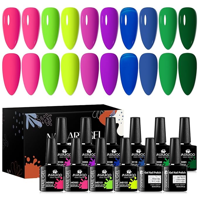 12Pcs Neon Gel Nail Polish Kit Hot Pink Green Purple Blue Gel Polish Kit with Base Top Coat for Nail Art DIY 10 Colors