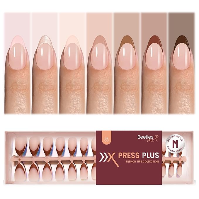 Beetles French Tip Press On Nails - Cappuccino Mousse French | 7 Colors Medium Almond Press On Nails Brown | 16 Sizes 224 Pcs Natural Salon Quality For Women
