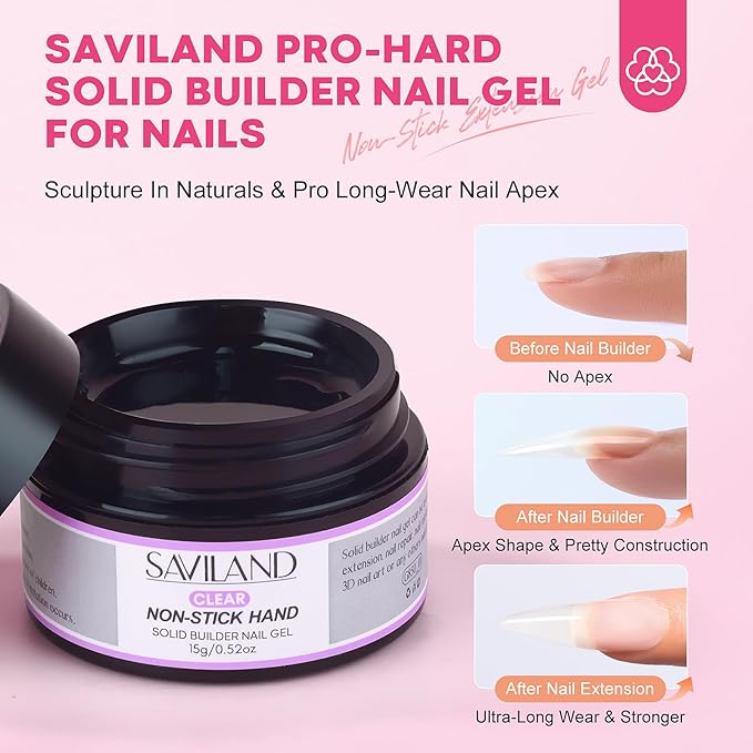 SAVILAND PRO-Hard Solid Builder Nail Gel for Nails: 2026 Ultra-Strength | Non-Sticky | Clear 3D Nail Gel with U V Lamp for 3D Nail Carving Emboss & Fast Extension Professional Use Salon