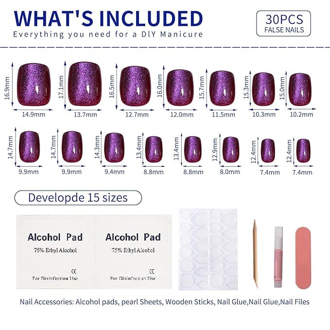 Royal Purple Cat Eye Press On Nails Short Square, Magenta Tone Cat Eye Nail Design, Glossy Soft Gel Press On Nails, Natural Reusable Glue On Nails Kit for Women, 15 Sizes 30 Pcs