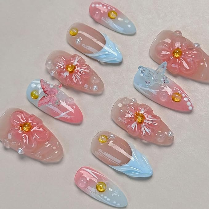 Blue French Press on Nails Handmade Medium Almond Nails with Glue,Nude Fake Nails with 5D Flower Art ＆ Butterfly Charm Design Muti-Layer Gel Handmade Nail Nature False Nails for Wome (Size S)