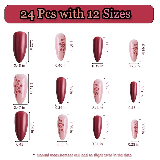 24pcs Pearlescent Red Medium Almond Press On Nails with Snowflakes for Themed Costumes, Reusable Nail Kit with Nail Adhesive Tabs Mini Nail File, 12 Sizes (Pearlescent Red)