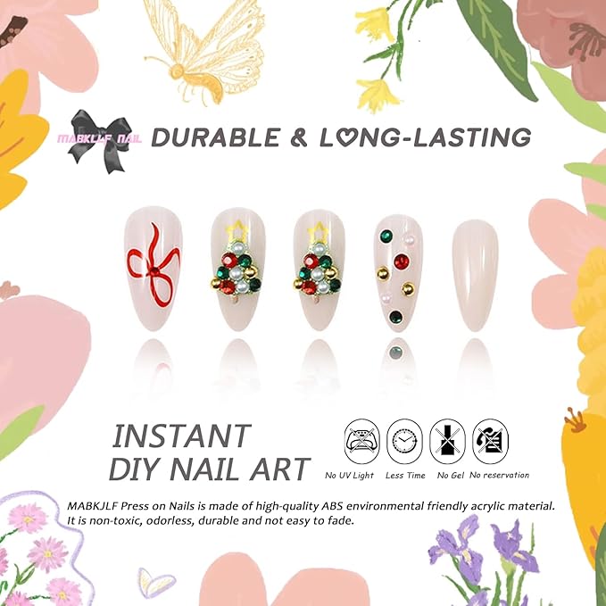 Christmas Press on Nails Medium Almond MABKJLF Fake Nails False Nails with Xmas Tree Bow Pearls Rhinestones Designs Glossy Glue on Nail Winter Full Cover Acrylic Nails for Women Girls 24Pcs