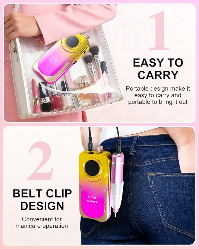 Professional Electric Nail Drill Kit 35000RPM with 14PCS Bits Purple Gold Portable Rechargeable Cordless File Machine for Acrylic Gel Powder Nails and Manicure Pedicure Toenail Tool Salon Set