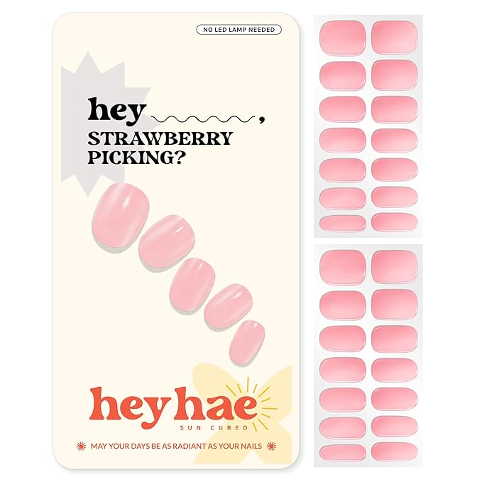 Heyhae Semi Cured Gel Nail Strips | No LED Lamp Needed | Solid, Pink, Spring | Easy Apply & Remove, Salon Quality | Includes 28 Strips, 1 Prep Pads, Nail File & Wooden stick - Hey, Strawberry Picking?