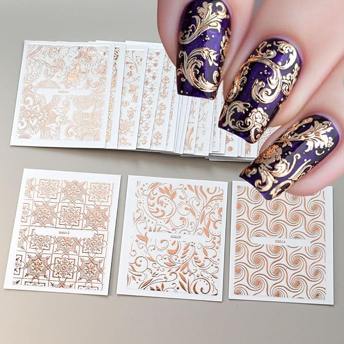 30 Sheets Rose Gold Nail Art Stickers Decals, 3D Baroque Floral Design Self Adhesive Nail stickers, Gold Line Nail Art Decals for Acrylic Nails Women and Girls Nail DIY Supplies Decoration Accessories