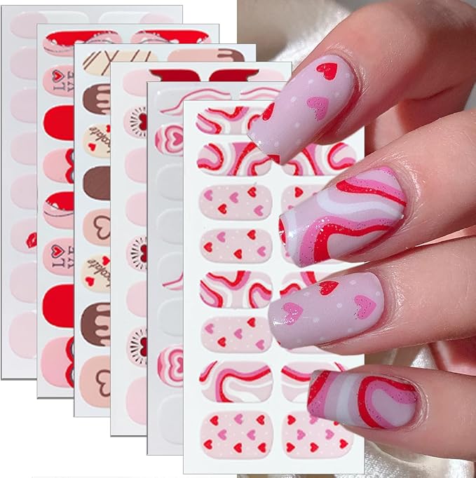6 Sheets Valentines Day Nail Stickers Romantic Pink Red Heart Full Wrap Gel Nail Strips Self-Adhesive Red Lips French Tip Nail Polish Strips Cute Holiday Gel Nails Decals for Women Acrylic DIY
