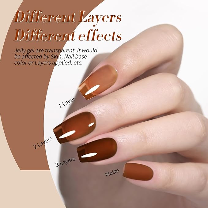 BORN PRETTY Jelly Gel Nail Polish Fall Winter Amber Crystal Brown Orange Burgundy Red Black Gel Polish Transparent Translucent Clear Nail Art Manicure DIY Home Salon 6PCS