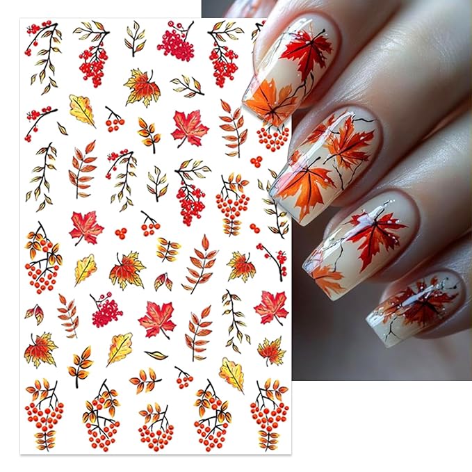 Fall Nail Stickers - Autumn Squirrel Pumpkin Leaves Self-Adhesive 3D Nail Decals for Women Girls DIY Thanksgiving Day Maple Manicure (6 Sheets)