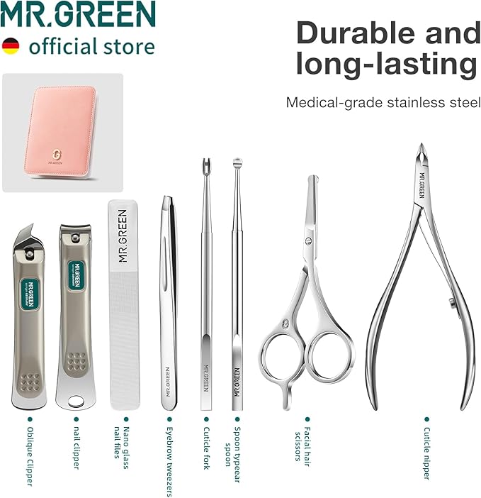 MR.GREEN Fashion Imprint Manicure Sets Professional Nail Clipper Set Personal Care Tool Kits Nial Cutter Gift With Leather Case (Pink(8Pcs Set))