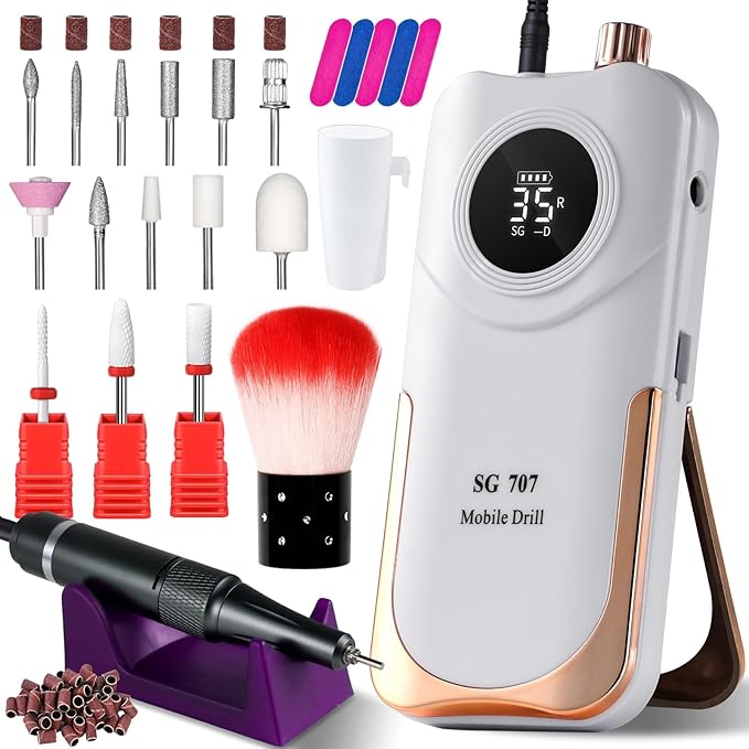 Professional Electric Nail Drill Kit 35000RPM with 14PCS Bits White Portable Rechargeable Cordless File Machine for Acrylic Gel Powder Nails and Manicure Pedicure Toenail Tool Salon Set