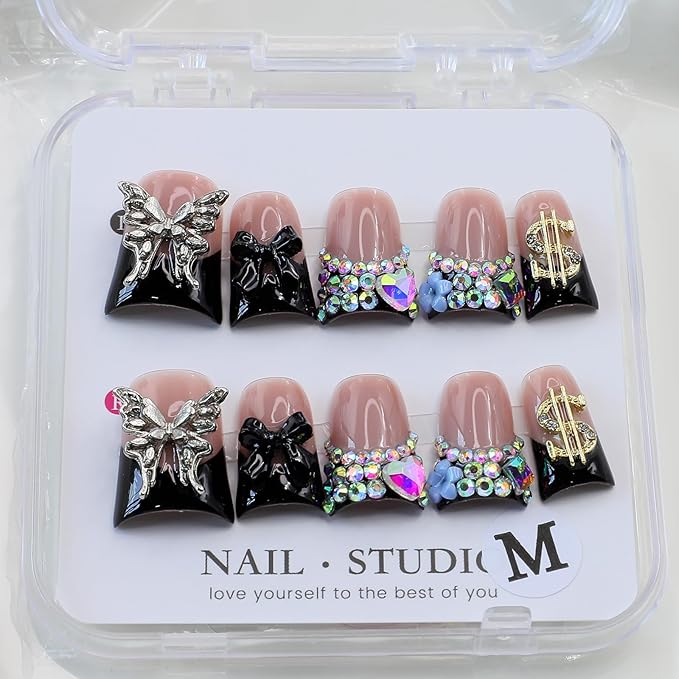 10Pcs Handmade French Tip Press on nails Short Duck Fake Nails with 3D Butterfly Bow Rhinestone Design Duck False Nails Multi-Layer Acrylic Nails Press ons Holiday Glue on Nail for Women (S)