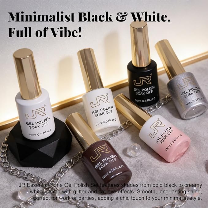 JR Gel Nail Polish Set, 16ml Full Size Bottle 6 Colors Milk White Pink Black 9D Cateye Glitter Nail Gel Polish Gift Soak Off Led Nail Art Kit Salon DIY Colorful Bottle J