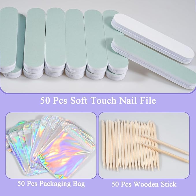 Disposable Manicure Kit Professional, 18 Set Press On Nail Tool Kit with Nail File, Nail Buffer, Nail Buffer Block, Nail Handle Brush, Wood Stick, Packaging Bag (Purple-50pcs)