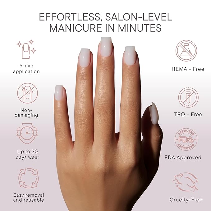 Press On Nails - Salon U-ltimate™ | Sheer Milk, Short Coffin Nails, Reusable | 16 sizes - 32 Nails Kit with Glue and Sticky Tabs