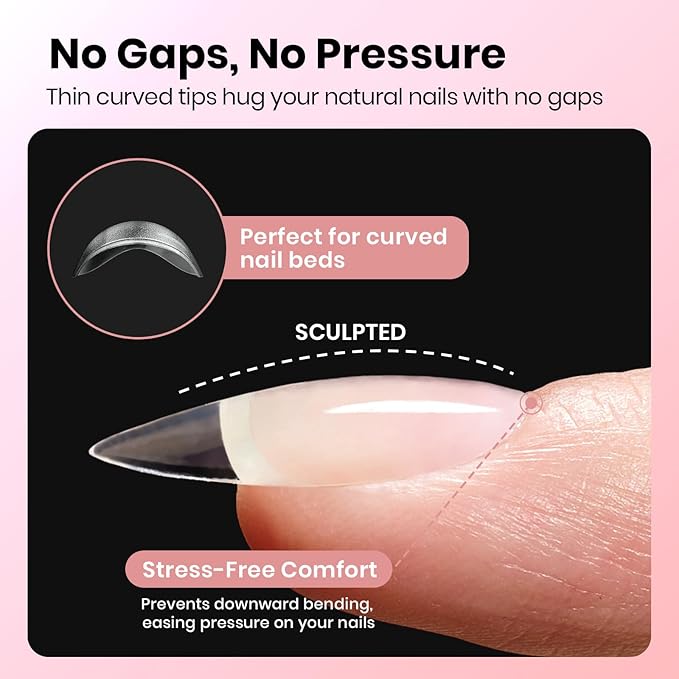 Beetles Gel Almond Nail Tips Short, Curve-EX 640pcs 16 Sizes, Etch-X Half Matte Full Cover Soft Acrylic False Press on Nail Tips Easy DIY Nail Extension Art Salon for Curved & Natural Nail Beds