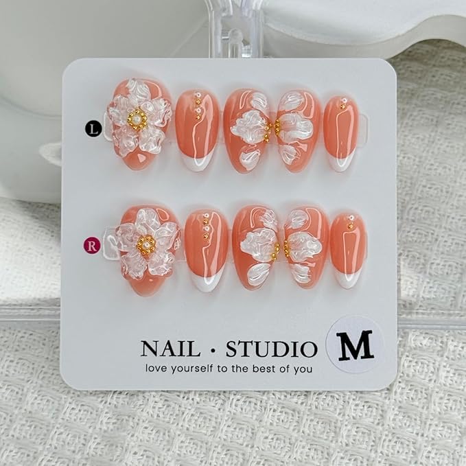 Handmade Press on Nails Medium Almond White French Acrylic Nails 3D Flower Embossed False Nails Reusable 3D Flower and Pearl Handmade for Girls Manicure Art Decoration Accessories (Size M)
