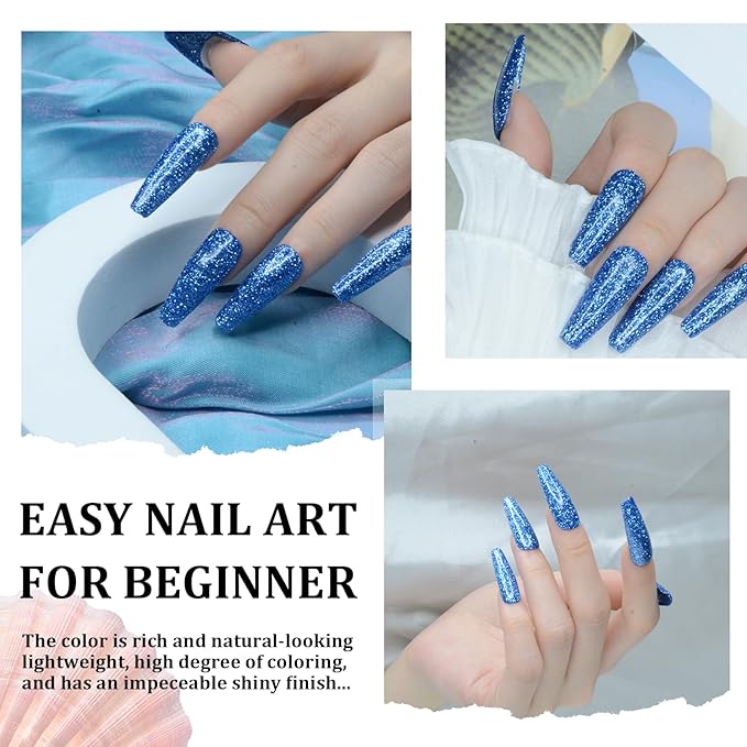 Nail Dip Powder Glitter Blue Color, No Lamp Curing, French Powder Pro Collection System Nail Art Starter Manicure Salon DIY at Home, Odor-Free & Long-Lasting, 1 Oz