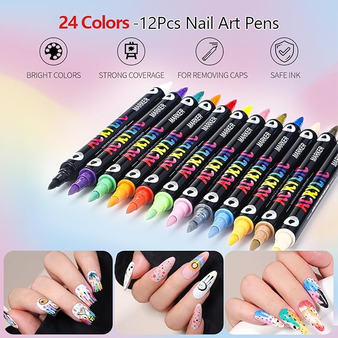 DualTip Nail Art Marker Set Water Based Acrylic Paint Pens with Precision Tips for DIY Nail Design Graffiti Dotting Quick Dry Easy Use Tools Manicures Ladies and Girls Thick Pen Tips 24 Colors 12 Pcs