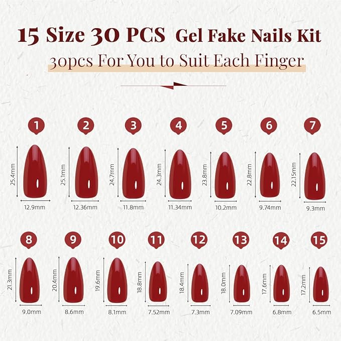 Wine Red Press On Nails Almond - Medium Dard Red Acrylic Nails Press Ons, Glue On Nails for Party Birthday Holiday Valentines Gift in 15 Sizes - 30 Fake Nails Kit, Dark Red