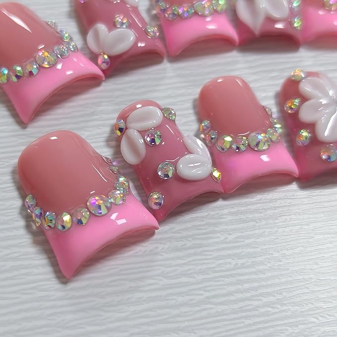 Duckbill Shape Handmade Press On Nails Kit,Pink French Floral Nails with 3D Flowers Diamond Designs,Glazed Donut Nude Pink Fake Nails with Tools,Elegant French Tip Duckbill Nails with Gems(S)