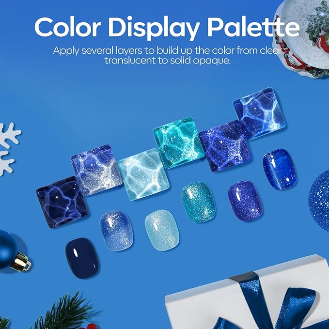modelones Blue Gel Nail Polish Set, 6 Colors Cat Eye Glitter Color Changing Chameleon Gel Polish Kit with Magnet Snow Stickers Soak Off Led Nail Art Manicure Salon DIY Holiday Gifts