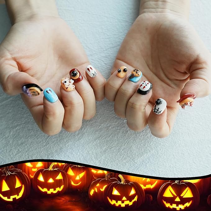Nightmare Before Christmas Press on Nails Kawaii Ghost Handmade Fake Nails 3D Embossed Colorful Cute Cartoon Short Nails for Women and Girls (Cute Ghost Party,S)