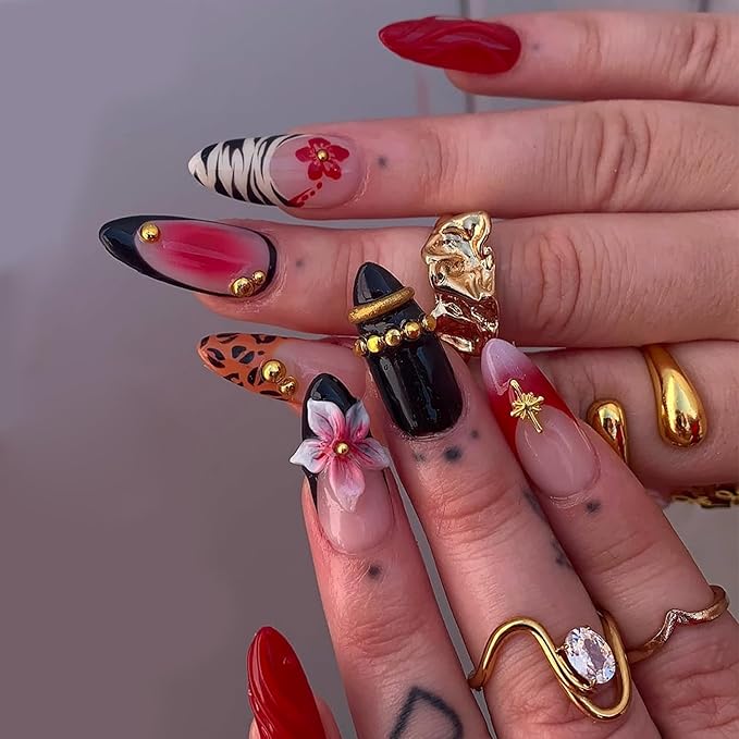 Almond Press on Nails Long Fake Nails Red Artificial Nail Black French Pink Floral and Gold Charm Designs Cute Stick on Nail for Women 24pcs