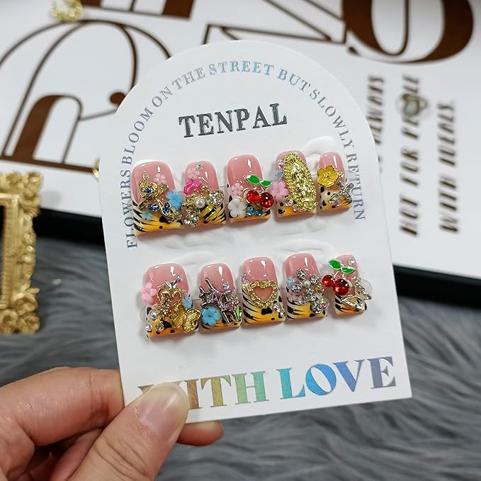 Short Duckbill Press on Nails,Pale Yellow French Tip Fake Nails with 3D Bee & Fairy Charms,Glossy 10PCS Halloween Glue on Duck Nails Kit,Glitter Icy Cottagecore Y2K False Nails for Women(M)