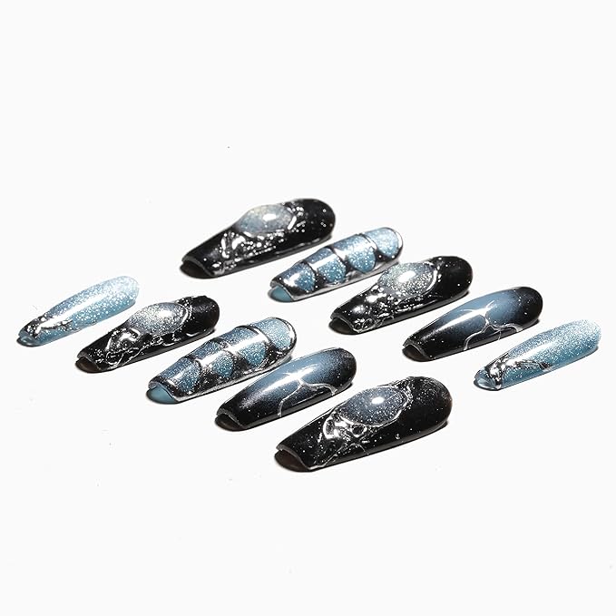 Sun&Beam Nails Handmade Press-on Medium Long Coffin Ballerina Blue Sliver Black Y2K Gradation Design False Nail Tips 10 Pcs (#138 XS)