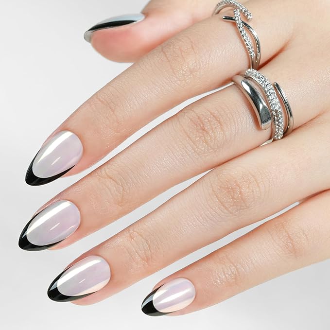 Black French Tip Press on Nails, Jofay Fashion Almond Soft Gel Fake Nails, Classic French Nails, Reusable & Natural Acrylic False Nails, Stick on Nails for Women Girls Gift, Glue on Nails Kit 32Pcs