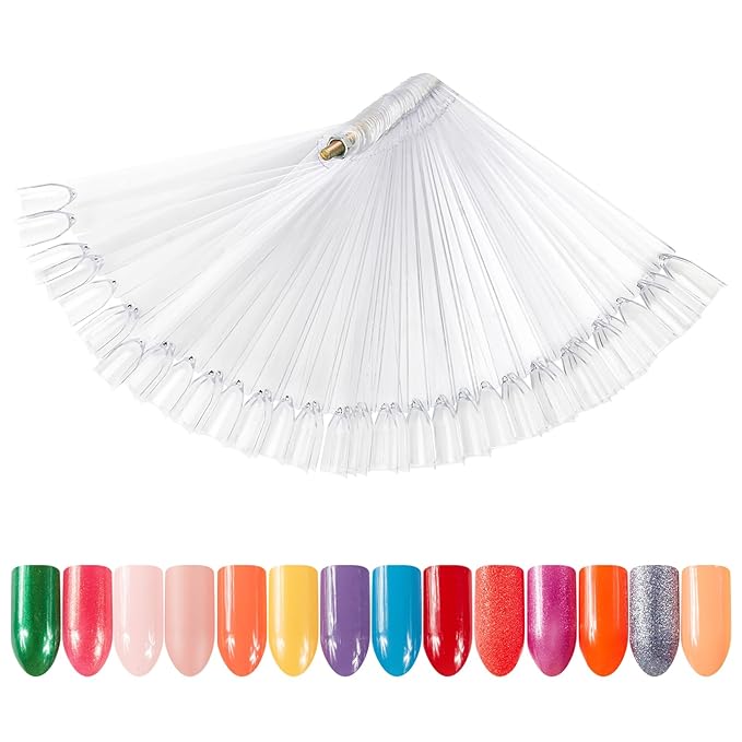 AHIER 50 PCS Transparent Nail Swatches Sticks, Fan-shaped Nail Art Tips, Nail Polish Display Board Practice Sticks with Metal Screw Holder