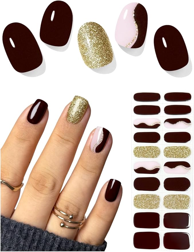 Semi Cured Gel Nail Strips (Coffee Brown), Gold Glitter Line, 20 Pcs Gel Nail Wraps, Stickers, Salon Quality, Long Lasting, Works with Any UV Lamps