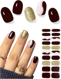 Semi Cured Gel Nail Strips (Coffee Brown), Gold Glitter Line, 20 Pcs Gel Nail Wraps, Stickers, Salon Quality, Long Lasting, Works with Any UV Lamps