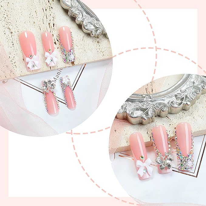 24Pcs Press on Nails Long Square Xl Fake Nails Pink Full Cover Acrylic Nails with Charm Designs False Nails Press Ons Rhinestones Glue on Nail for Women and Girls (White French Rhinestones)