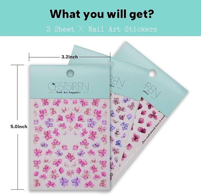 Floral Petal Nail Art Stickers, Thin Flower Nail Decals, Self-Adhesive, Summer Spring Nail Accessories for Women, Nail Decorations 3 Sheets
