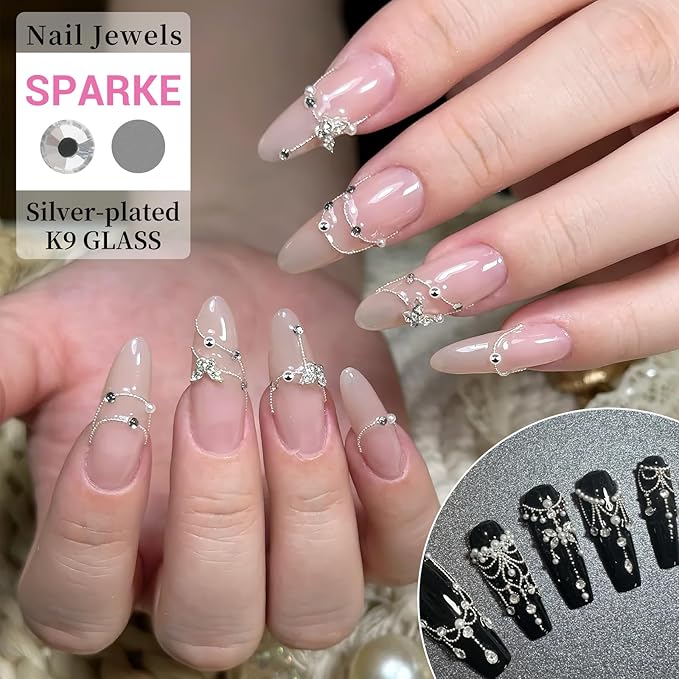 3D Mini Small Metal Stainless Steel Caviar Nail Beads Balls, 0.8-3mm Gold Silver Alloy Nail Art Chain Charms Studs with Tweezers and Dual-end Brush (4-K1-metal-beads-rhinestones)