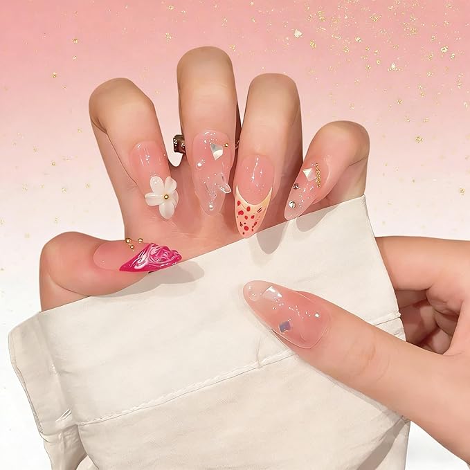 Light Pink Press On Nails - Medium Almond Handmade 3D Floral Gradient Color with Water Drop Butterfly Decor & Seashell,Hand-painted French Tip for Spring Summer (Hand Painting,S)