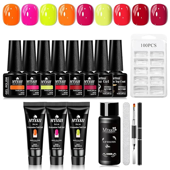 MTSSII 15Pcs Gel Nail Polish Set 6 Colors Neon Gel Polish + 3Pcs Poly Extension Gel Nail Kit Pink Orange Yellow Red Builder Gel Set for Beginner & Professional