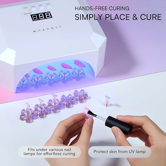 Makartt Press on Nail Stand: Magnetic Nail Holder for Painting Nails DIY Pink and Clear for Art Display Practice, Pink & Clear Glitter Flower Fake Holder for Home Salon with Reusable Adhesive Putty