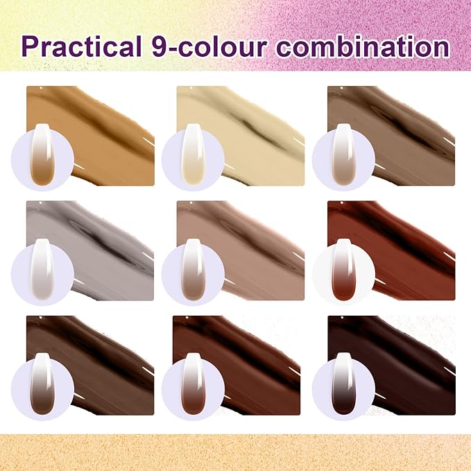 Gradient Gel Nail Set, 9 Colors Ombre Gel Nail Polish with 6 Aurora Multi-Purpose Brushes for Pigment Pat Nails French Manicure Nail DIY Painting Soak Off UV Coconut Latte