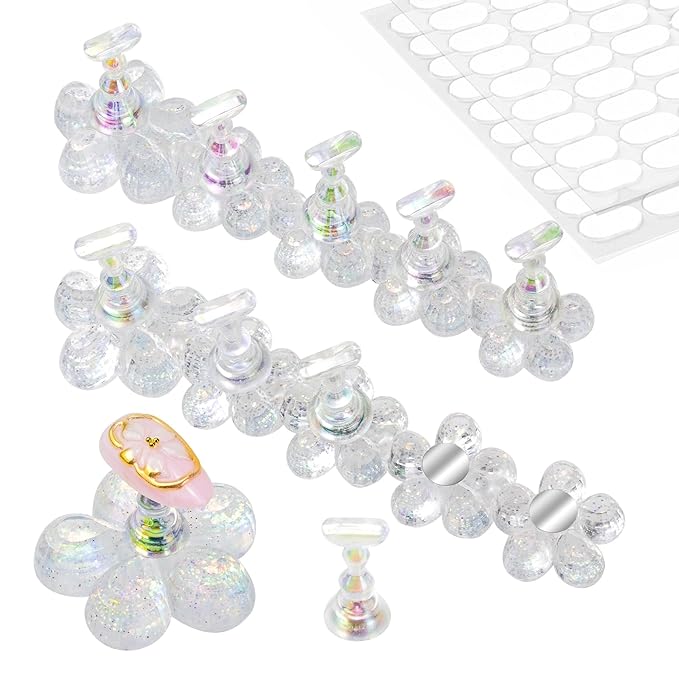 Nail Stand for Press On Fake Nails Painting Display Practice, Powerful Magnetic Nail Holder for Design, Flower Nail Stand with 200 PCS Double-Sided Tapes, Nail Tools for Home Salon (White)
