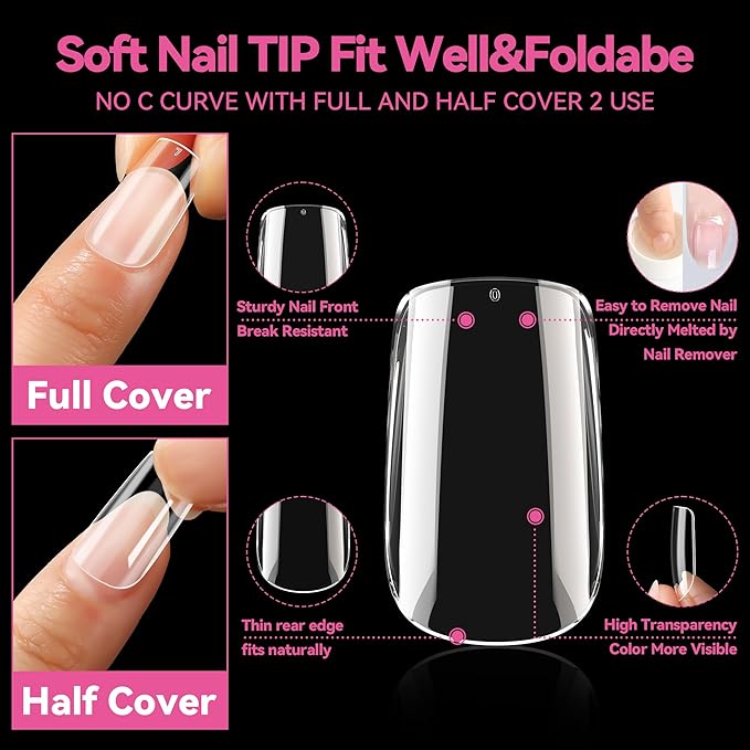 UNA GELLA Short Square Nail Tips 216pcs Short Square Gel Tips 12 Sizes Press On Nails Full Cover Clear Fake Nails Extension for Home DIY Nail Salon