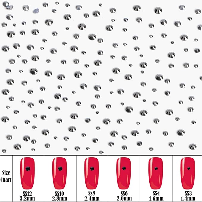 8000pcs Hotfix Rhinestones Flatback,Rhinestones for Crafts Clothes Mixed 6 Sizes, Hotfix Crystals with Wax Pencil Kit, SS3-SS12,Jet Hematite