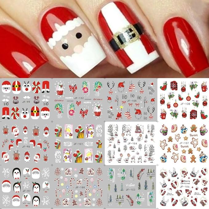 12 Sheets Christmas Nail Art Sticker Santa Claus Water Transfer Nail Decals Holiday Nail Decoration Winter Nail Stickers Christmas 3D Self Adhesive Nail Art Supplies for Women