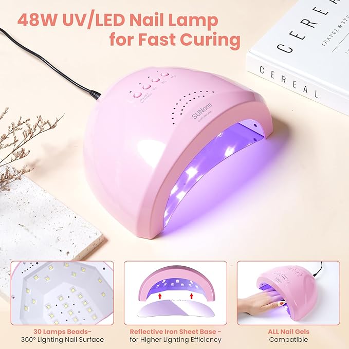 Nail Kit for Beginners with Everything: Practice Nail Hand Acrylic Set U V Lamp Professional Powder Liquid Starter Kits with Drill for Salon Home(Pink Lamp)
