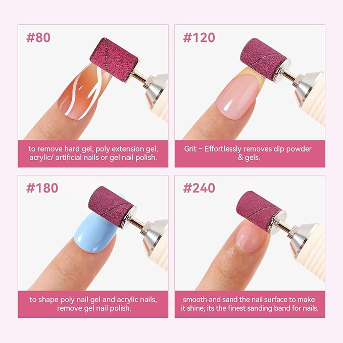 Makartt Sanding Bands for Nail Drill - 100 Pcs Nail File Sanding Bands for Drill Bits #180 Medium Grits for Acrylic Nails Gel Removing and Shaping, Upgrade Thicker Durable Sanding Drill Bit, Pink